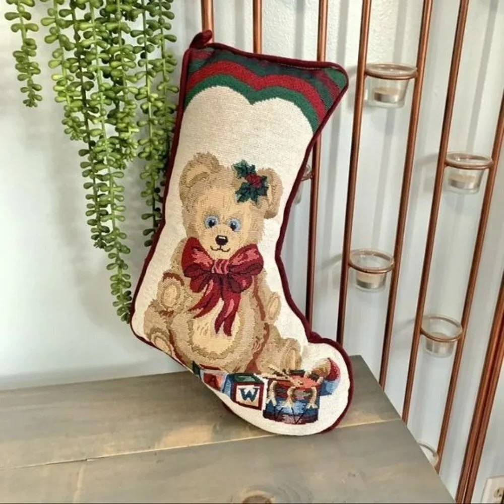 Vintage Christmas Bear Tapestry Stocking Throw Pillow Holiday Decor Gift Idea